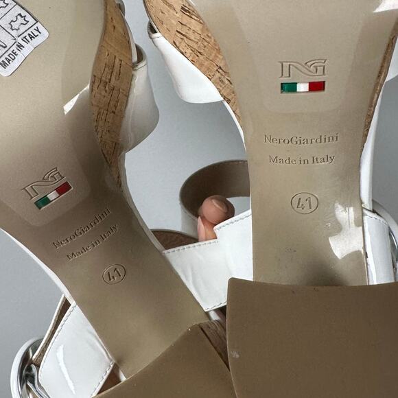 NeroGiardini White & Tan Cork Buckle Patent Leather Platform Heels Women's 11 - Picture 10 of 11